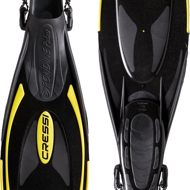 Cressi Palau Fins - Adult and Child Adjustable Diving, Apnea and Snorkelling Flippers Fins, Black/Yellow, UK 10/12 - EU L/XL 44/47