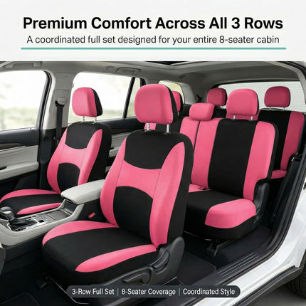 FH Group Light & Breezy Cloth Car Seat Covers, 7 Seater Three Row Set- Airbag & Split Ready -Universal for Cars Trucks and SUVs (Pink/Black)