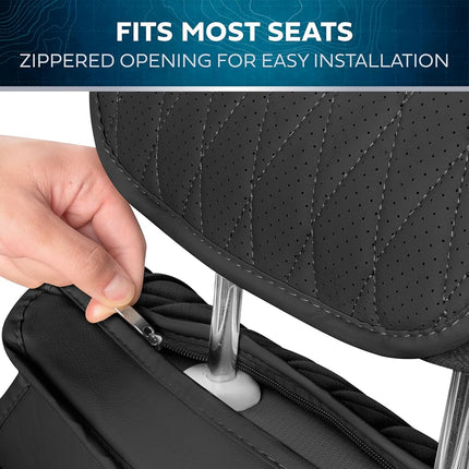 Fundas de asiento de coche MotorBox – Edición DiamondLux de protectores de asiento prémium de piel sintética negra – Accesorios acolchados automotrices con costuras de doble cruz para camiones, todoterrenos, coches – Juego de asientos delanteros