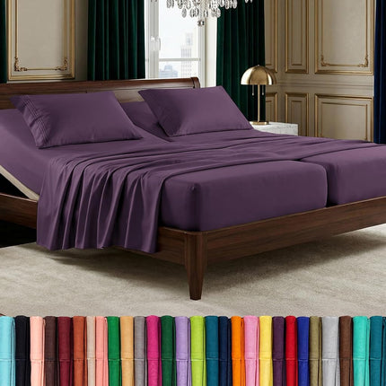 Elegant Comfort Luxurious 1500 Premium Hotel Quality Microfiber Three Line Embroidered Softest 5-Piece Bed Sheet Set, Wrinkle and Fade Resistant, Split King, Purple