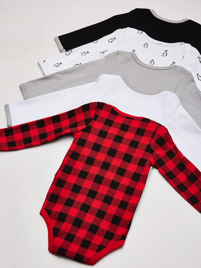 Hudson Baby Body de Manga Larga para Bebés, Paquete de 5, Pingüino, 6-9 Meses