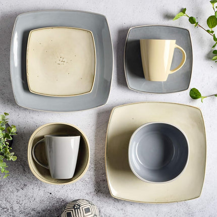 Gibson Soho Lounge Square Reactive Glaze Stoneware Dinnerware Set, Service for 4 (16pc), Light Gray