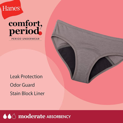 Hanes Girl's Comfort, Period. Boyshort & Hipster Period Underwear, Moderate Protection, Multi-Pack, Hipster - Multi - 4 Pack, 14