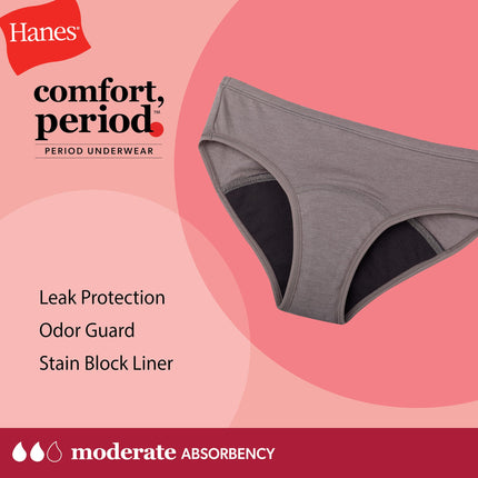 Hanes Girl's Comfort, Period. Boyshort & Hipster Period Underwear, Moderate Protection, Multi-Pack, Hipster - Multi - 4 Pack, 14