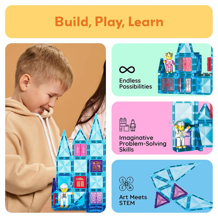 PicassoTiles 71pc Mini Diamond Series Winter Ice Theme Magnetic Tile Building Blocks 2 Character Action Figures Travel Size On-The-Go Magnet Construction Toy Set STEM Development Kit Ages 3+ PTM71