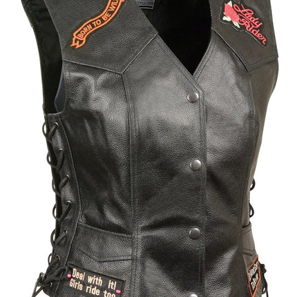 EVENT LEATHER ELL4900 Women’s 'Love to Ride' Black Leather Motorcycle Patched Embroidered Vests with Side Laces - 3X-Large