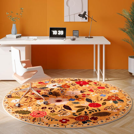 Rugcomf Round Rug 4ft Washable Circle Rug Non Slip Low Pile Boho Floral Small Circular Rug for Bedroom, Bathroom, Entryway, Kids Room, Office, College Dorm(Pink)