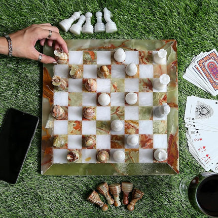Handmade Marble Chess Set - Green & White (15 x 15 Inches) - Chess Sets for Adults - Premium Quality Chess Boards - Fancy Chess Boards