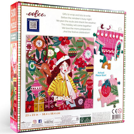 eeBoo Piece & Love: Ms. Santa's Reindeer - 500 Piece Puzzle - Adult Square Jigsaw, 23x23, Glossy Pieces, Christmas Holiday Themed