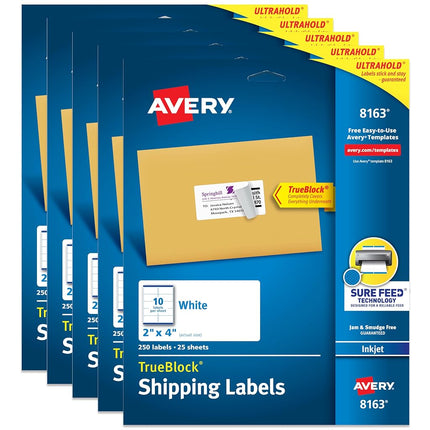 Avery Shipping Address Labels, Inkjet Printers, 1,250 Labels, 2x4 Labels, Permanent Adhesive, TrueBlock (5-Pack 8163)