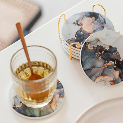 Ceramic Absorbent Coasters Set of 6 with Holder, Marble Drink Coasters for Coffee Table, Water Absorbing Coaster (Black)