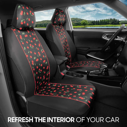 BDK Floral Theme Fresh-Protect Sideless All Protection Universal Auto Cars Front Seat Covers - 2 Piece Cheeky Cherry