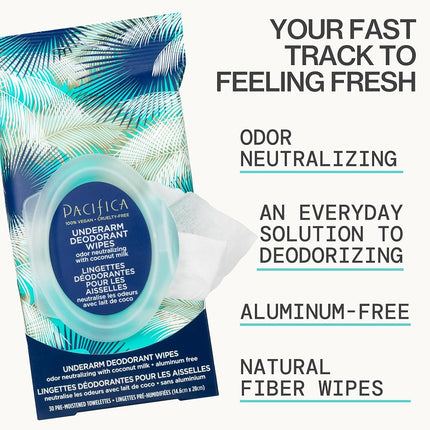 Lingettes déodorantes pour les aisselles Pacifica Beauty, lait de coco et huiles essentielles, 120 unités