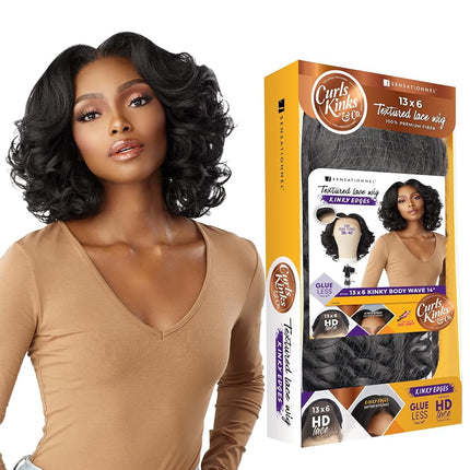 CKCO Kinky Edge Body Wave 14 Inch Lace Wigs - Sensationnel 13x6 Lace Wigs - Glueless Synthetic Wig - DarkBrown