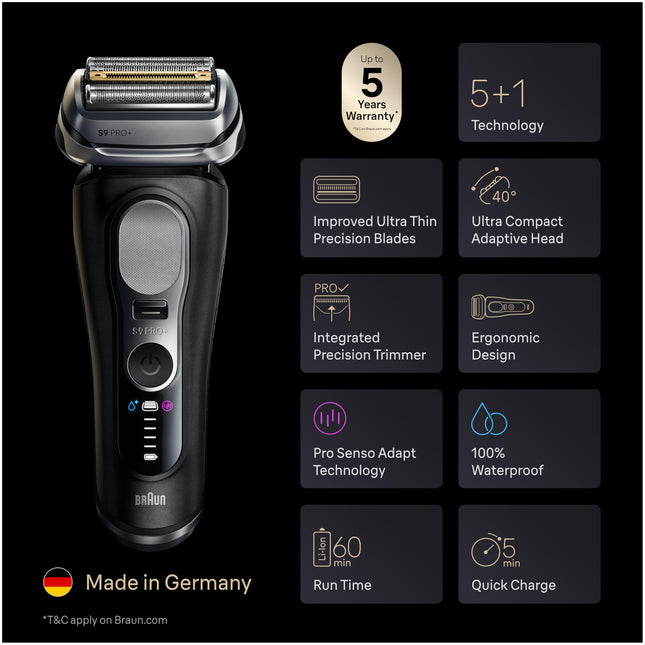 Afeitadora eléctrica Braun Series 9 PRO+ 9577cc para hombre, 5 elementos de afeitado Pro y recortadora de precisión para pelo largo, centro SmartCare 6 en 1, PowerCase para carga móvil, uso en seco y húmedo, 60 min de autonomía de batería