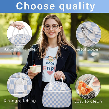 Carry Bloom Lunch Box for Women, Insulated Lunch Bag Cute Corduroy Lunchbag Reusable Lunchbox for Work (Checkered Blue White)