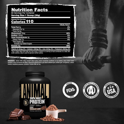 Animal Protein Powder 100% Whey - 4.6g BCAA - Only 1g Added Sugar, No Artificial Colors, Sports Nutrition Concentrate-Isolate Blend - Recovery Supplement and Post Workout Shake - Chocolate - 4lb