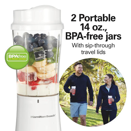 Hamilton Beach Personal Blender for Smoothies & Protein Shakes, Portable Single Serve Blender with 2 Travel Jars & Lids, 14 oz BPA-Free Cups, Stainless Steel Blades, 300W, White, 51102G