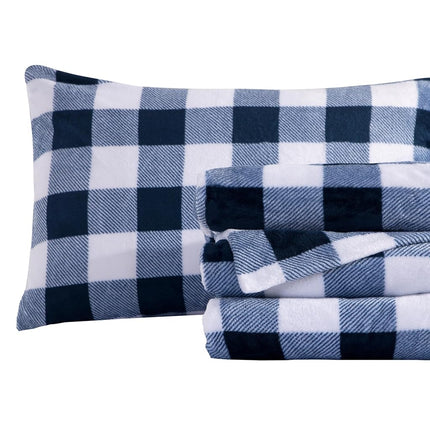 Elegant Comfort Luxuriously Soft 4-Piece Velvet Plush Flannel Sheet Set - Premium Quality - Cozy Warm, Anti-Static, Non Pilling Fuzzy Velvet Flannel Fleece Deep Pocket Sheet Set-Twin XL, Buffalo Navy