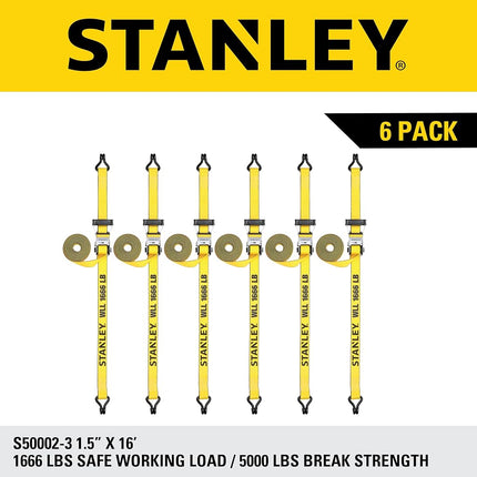 STANLEY S50002-3 Black/Yellow 1.5" x 16' Heavy-Duty Ratchet Straps (5,000 lb Break Strength), 6 Pack