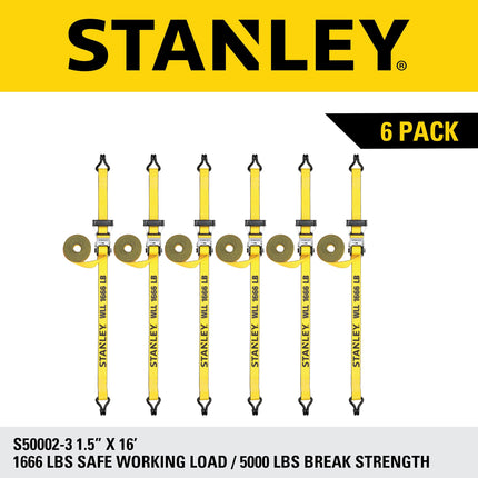 STANLEY S50002-3 Correas de trinquete de alta resistencia de 1.5" x 16' (5,000 lb de resistencia a la rotura) negras/amarillas, paquete de 6
