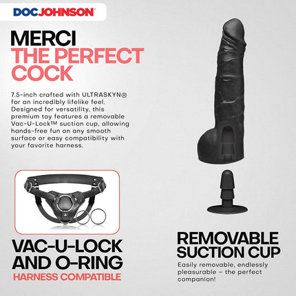 Doc Johnson Merci - The Perfect Dildo 7.5" - with Removable Vac-U-Lock Suction Cup - ULTRASKYN - for Adults Only, Black