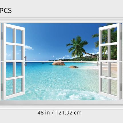 FLFK Fake Window Wall Sticker - Summer Beach Faux Window Wall Mural, Stick and Peel Wall Decals, 48"x32", Set of 2 Sheets