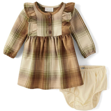 The Children's Place Baby Girls' and Newborn Long Sleeve Everyday Dresses, Sierra Tan Plaid, 6-9 Months