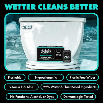 DUDE Wipes Mint Chill Pocket Packs - Travel Wipes - 12 Packs of 8 (96 Count) - On-The-Go Adult Flushable Wipes - Infused with Tea Tree Oil, Vitamin E, and Aloe - Septic and Sewer Safe