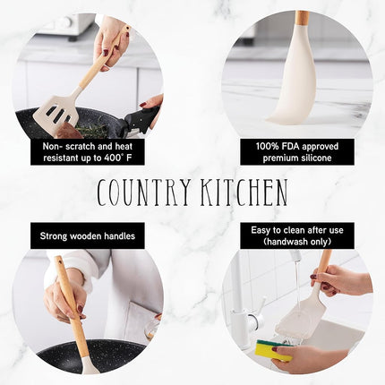 Country Kitchen 14 Piece Silicone and Wood Kitchen Utensil Set, Heat Resistant up to 450℉, Easy to Clean and Hand Washable