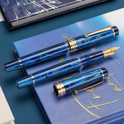 Asvine P20 Piston Fountain Pen, Stub Nib 1.1mm Calligraphy Art Drawing Galaxy Blue Acrylic with Case Set