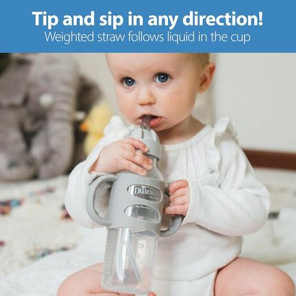 Dr. Brown's Milestones Narrow Sippy Straw Bottle, Spill-Proof with 100% Silicone Handles and Weighted Straw, 8 oz/250 mL, Gray & Blue, 6m+