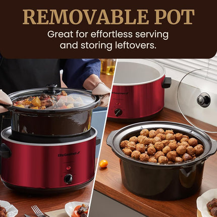 Olla de cocción lenta eléctrica de cerámica extragrande Elite Gourmet MST-900RXT#, temperatura ajustable, para platos principales, salsas, guisos y dips, tapa y olla de cerámica aptas para lavavajillas, 8.5 cuartos de galón, roja