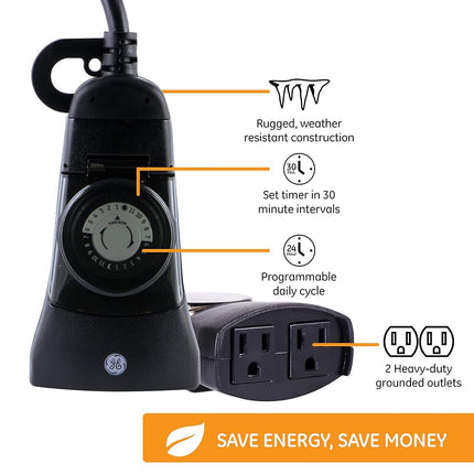 GE Heavy Duty Mechanical Timer, Outdoor, 2-Outlet, Plug-In, 24 Hour Programmable, 15138