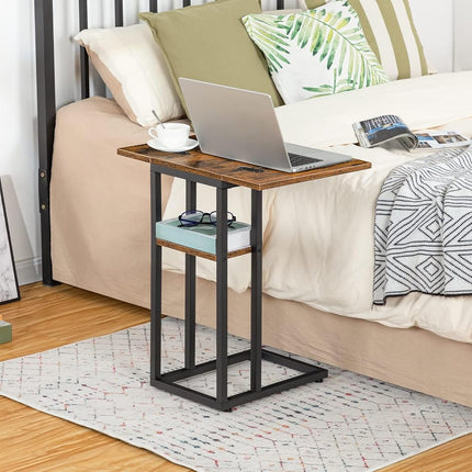 HOOBRO C Shaped Side Table, Foldable Small Table, Snack Table with Storage Shelf, Suitable for Living Room Bedroom Small Spaces, Easy Assembly, Rustic Brown BF29SF01