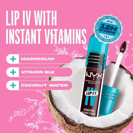 NYX Professional Makeup Lip I.V Hyrdating Lip Gloss Stain, Long-Lasting, Tinted, Vegan Formula with 12 HR Hydration. One Swipe Pigment, Instant Wet Shine Look - Mauve N' Moist