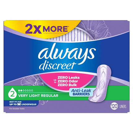 Always Discreet Incontinence Panty Liners for Women with Bladder Leaks, Size 2, Very Light Absorbency, 120 Count
