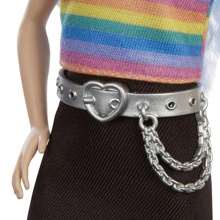 Barbie Fashionistas Doll #170 with Long Blue Crimped Hair, Star Face Makeup, Multi-colour Striped Tee, Denim Skirt, Black Boots & Silvery Chain Belt, Toy for Kids 3 to 8 Years Old, GRB61