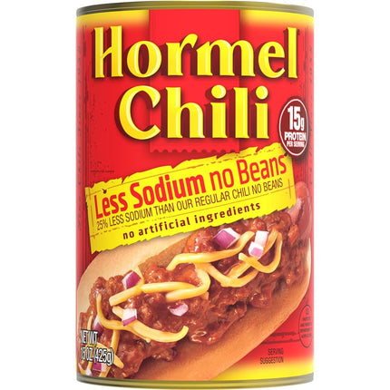 HORMEL Chili Less Sodium No Beans (Pack of 12), 15 oz – No Artificial Ingredients, 15g Protein per Serving, Great for Bowls, Dips, Hot Dogs and Appetitizers