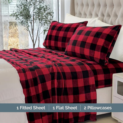 Elegant Comfort Flannel Velvet Sheets Queen Size Buffalo Red 4 Pcs Bed Sheets Set Premium Plush Cozy Warm Anti-Static Pilling Free Deep Pocket