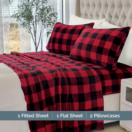 Elegant Comfort Luxuriously Soft 4-Piece Velvet Plush Flannel Sheet Set - Premium Quality - Cozy Warm, Anti-Static, Non Pilling Fuzzy Velvet Flannel Fleece Deep Pocket Sheet Set - Twin, Buffalo Red