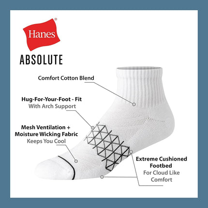 Hanes Men's Absolute Active Cushioned Ankle, Moisture Wicking Socks, Seamless Toe, 4-Pack, White, 4.5-12 UK (Pack of 4)