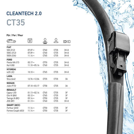 Hella OE Quality 14 Inch All Seasons Nano- Coated Rubber Cleantech Wiper Blade (Single Blade) fits select Fiat Ford Hyundai Ladai Nissan Renault Smart / 358054141