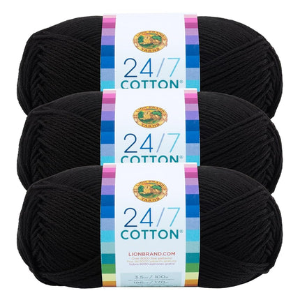 Lion Brand 24/7 Cotton Yarn, Yarn for Knitting, Crocheting, and Crafts, Black, 3 Pack