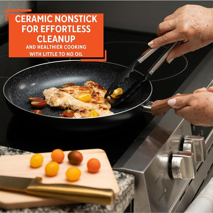 IMUSA Sartén de cerámica de aluminio de 12 pulgadas con mango de madera de tacto frío, negro - Imusa