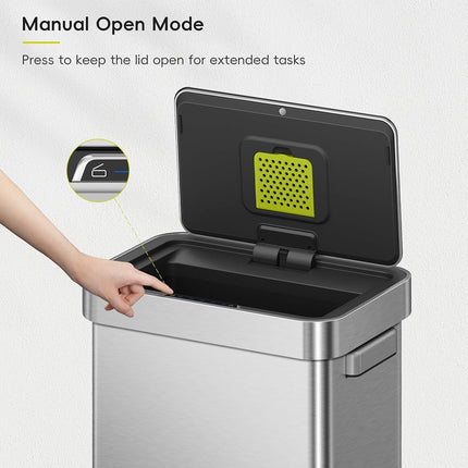 EKO Deluxe Mirage-T 50L Automatic Sensor Kitchen Bin, Stainless Steel Rubbish Bin with Handle, Deodorizer Compartment, Touchless Motion Sensor, Soft-Close & Stay-Open Lid, Rectangular for Home