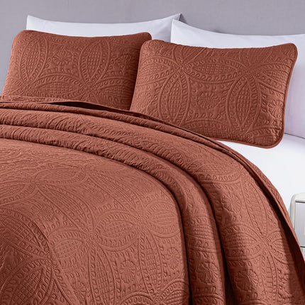 Chezmoi Collection Austin Queen Bedspread Set 3-Piece Pinsonic Quilted Oversized Bedspread Coverlet Set, Queen, Terracotta