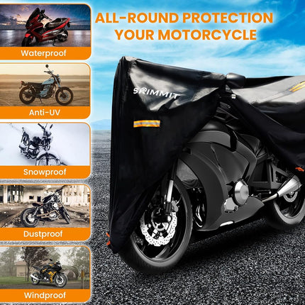 SRIMMIT Motorcycle Cover, Heavy Duty 420D Universal Motorbike Covers, Sun,Waterproof Outdoor Protection,with License Plate Window, 4 Reflective Strips, Lock-Holes Storage Bag (XL (90 x 37 x 49))