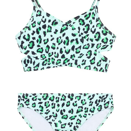 Maillot de bain 2 pièces Kanu Surf Coral Reef Beach Sport Wrap Around pour filles, imprimé léopard vert, taille 16