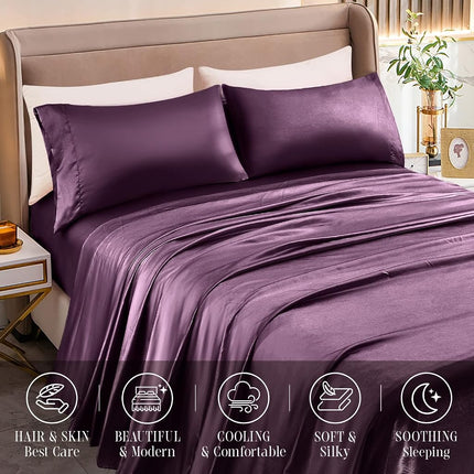 Elegant Comfort Luxurious 4-Piece Silky Satin Sheet Set, Skin and Hair Friendly, Wrinkle, Fade, Stain Resistant with Deep Pockets Fitted Sheet, Cooling Soft Satin Sheet Set, Twin, Purple
